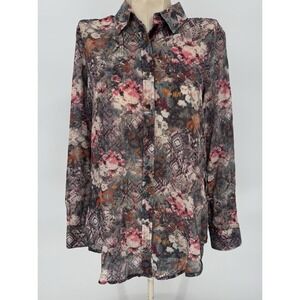 JOHNNY WAS‎ 3J WORKSHOP Velvet Tunic Top Women's S Multi Floral Button Down Boho